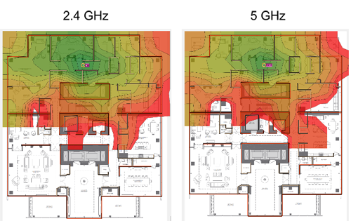 két hőtérkép, amelyek összehasonlítják a WiFi jelerősséget egy épületben 5 gigahertzes és 2,4 gigahertzes frekvencia között