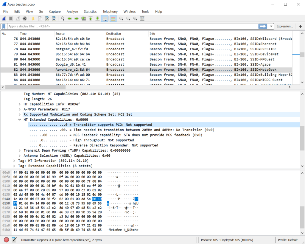 Wireshark showing ALL of the details of a beacon packet