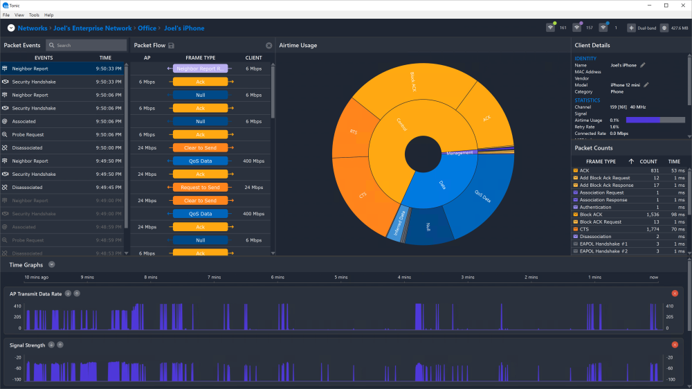 Screenshot of Tonic showing events and packet flow of a Wi-Fi client